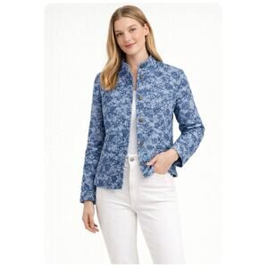 Kim Rogers Blue Floral Quilted Jacquard Button-Front Jacket Sz PM Cotton Blend